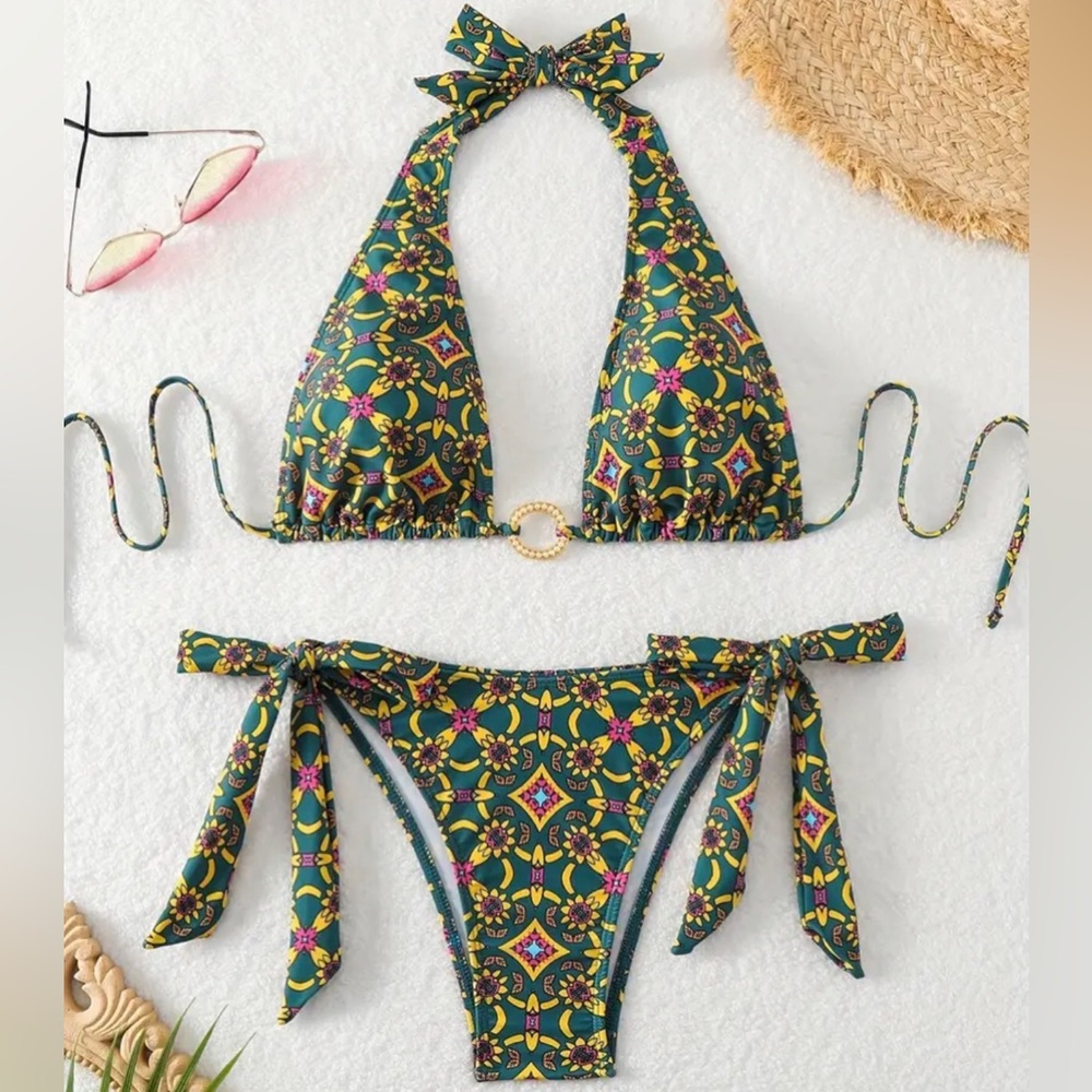 Vibrant Multi-Colour “Boho-Lux” Bikini Halter Top High-cut Bottom with Ties NEW